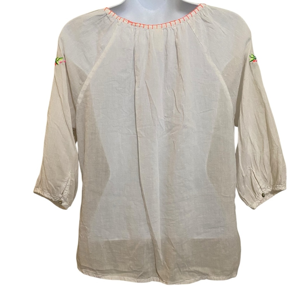 Peasant Bohemian Voile Sheer Cotton Embroidered Top Retro 70s Beachy Festival - Picture 5 of 12